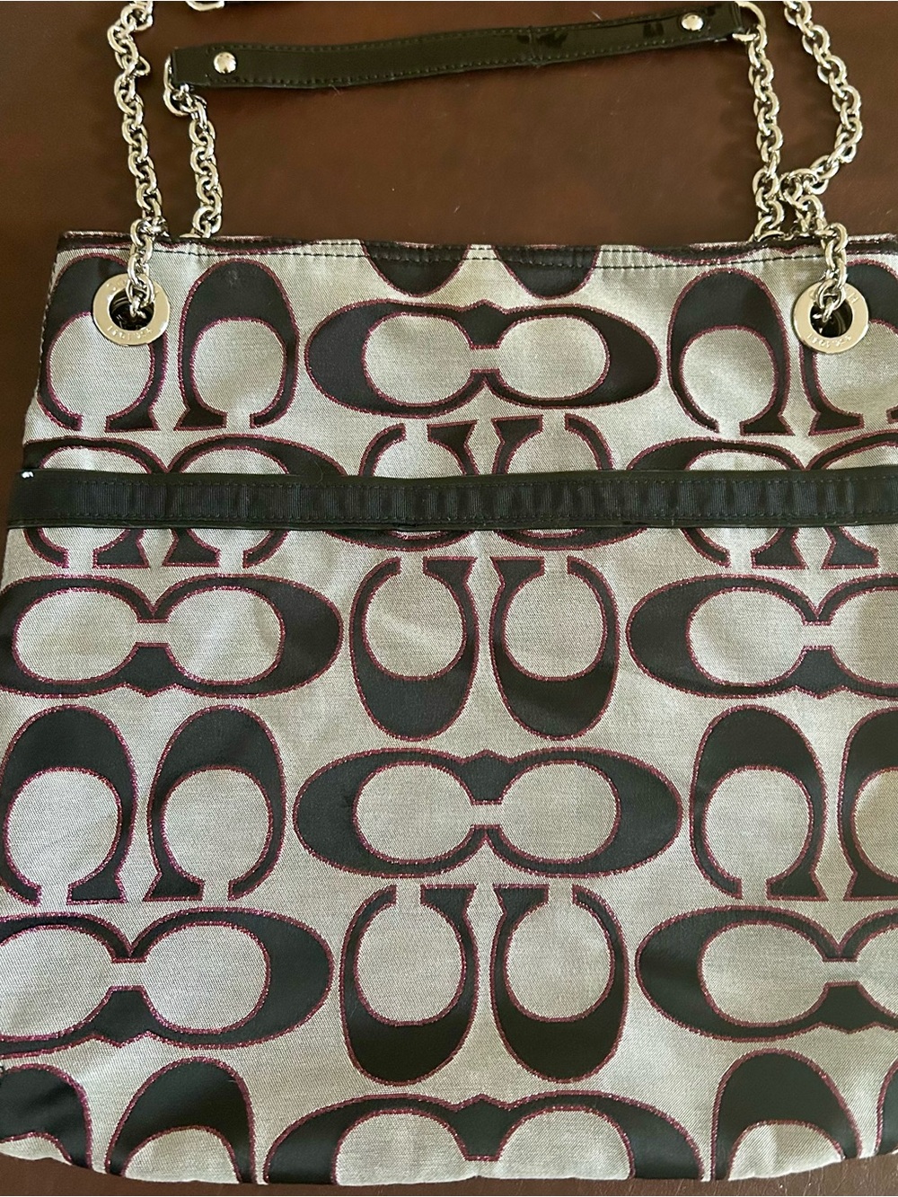 COACH POPPY METALLIC PINK BLACK SLIM TOTE PURSE SHOULDER BAG VGUC